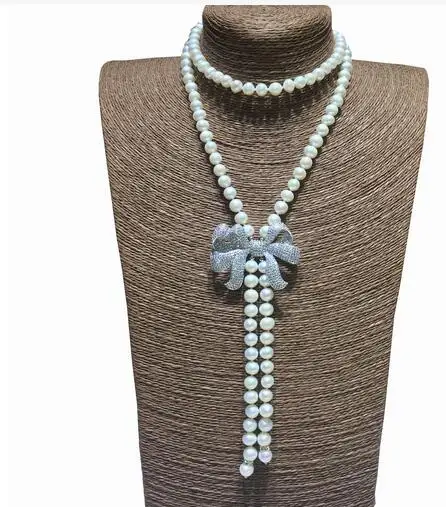 

new white Freshwater pearl Necklace bow accessories 925 silver Clasp Zircon crystal Jewellery