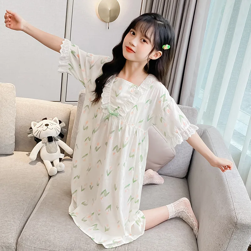 

2023 Summer New Girls Nightgowns Nightdress Japanese Sweet Cute Printed Tulip Square Collar Nightwear Robe Children Clothing