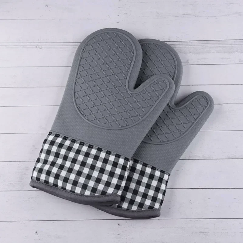 1pcs Kitchen Silicone Anti Scald Gloves Thickened Extended and Cotton Baked Household Microwave Oven Insulation Gloves