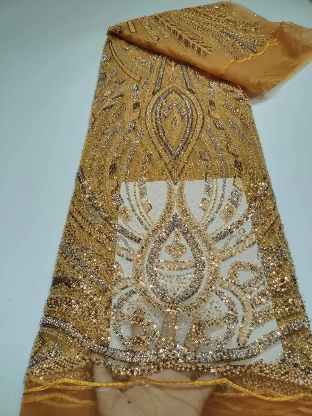 

Fashion Luxury French Embroidery Beaded Lace Fabric African Nigerian With Sequins Fabric For Wedding Dress