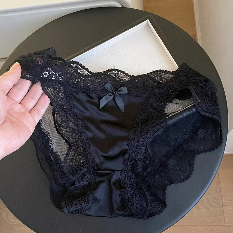 French Translucent Lace Panties Women's Bow High Spring Comfortable Sexy Cotton Crotch Women's Briefs Women Sexy Lace Panties