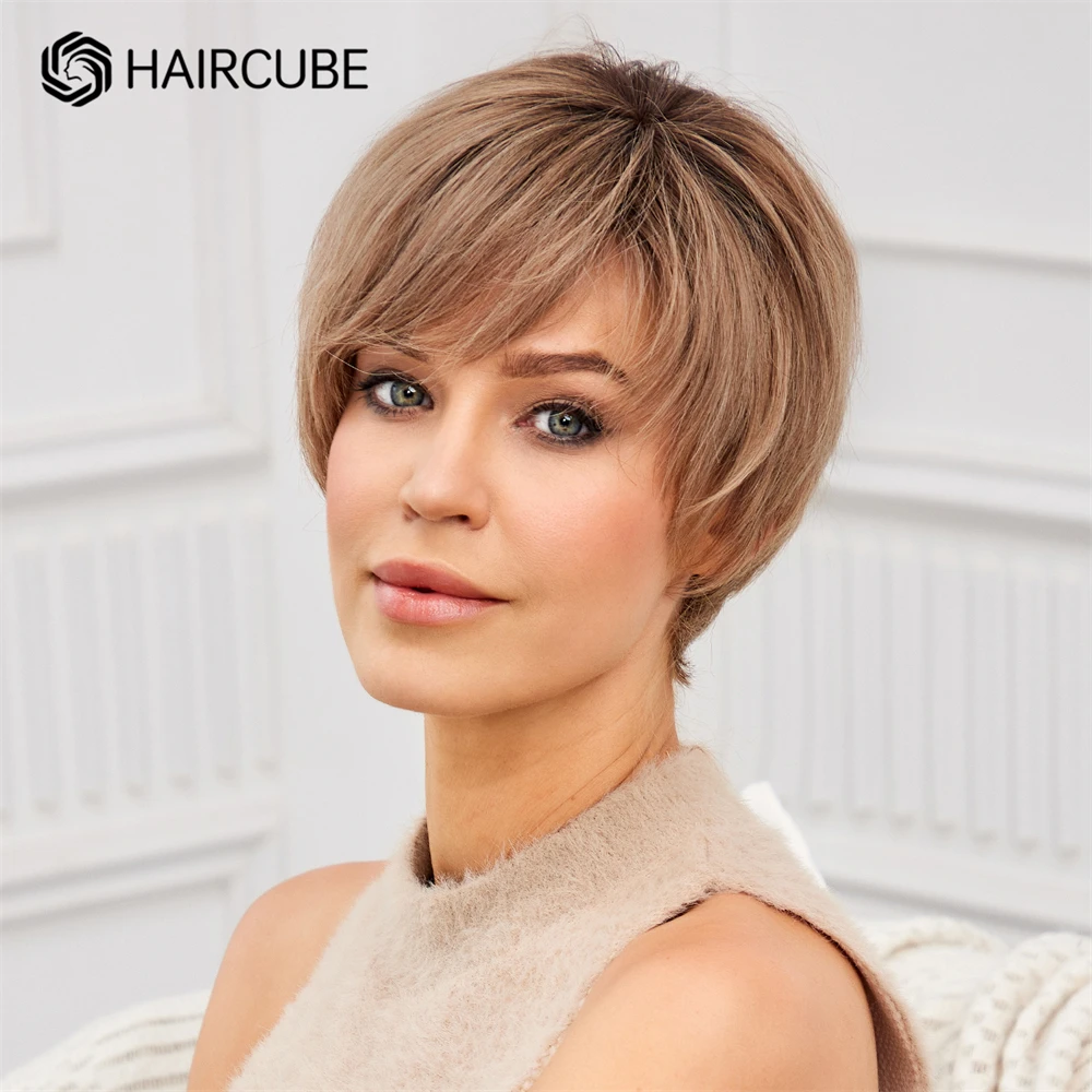 Short Pixie Cut Human Hair Wigs Lace Front Straight Bob Wigs with Bangs Brown Layered Remy Human Hair for Women Transparent Lace human hair wig