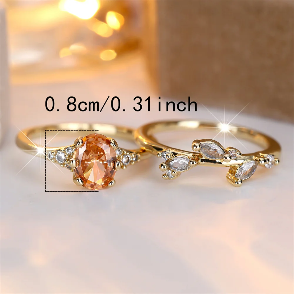 Champagne Crystal Oval Stone Tree Leaf Ring Sets For Women Vintage Gold Color White Zircon Engagement Rings Set Bridal Jewelry