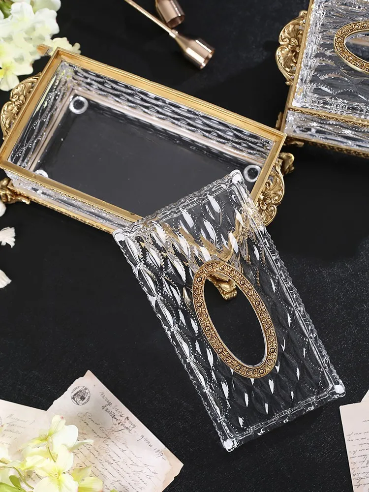 Crystal Glass Tissue Box Golden Brass Transparent Paper Box Household Kitchen Storage Vintage Desktop Tissue Holder Accesorios 3