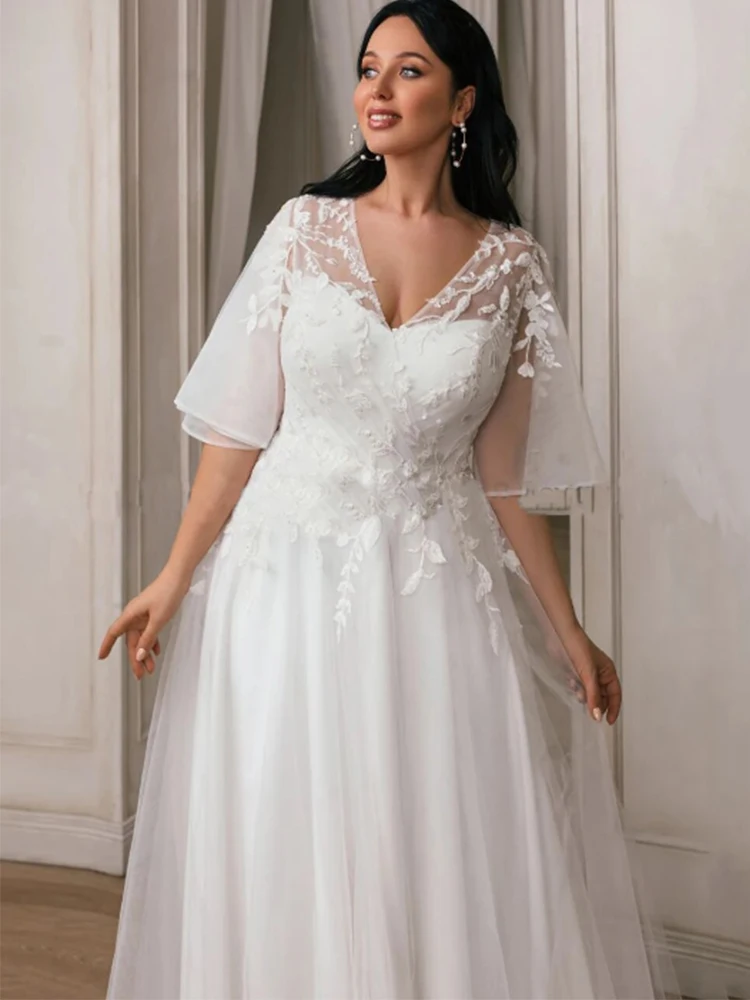 Boho Plus Size Wedding Dress Short Flare Sleeve V Neck Appliques Zipper A Line Tulle Bridal Gown Custom Made Vestido De Noiva