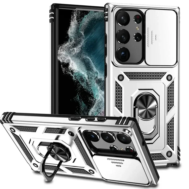 Shockproof Hybrid Dual Layer Magnetic Ring Stand Case with Slide Camera Protection Cover