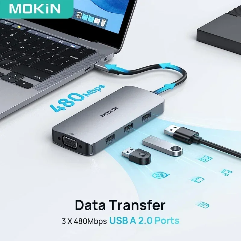 MOKiN 7 in 1 Docking Station USB C Hub Dual DisplayPort DP HDMI 4K60HZ VGA USB 2.0 Multiport Adapter for Laptop MacBook 3