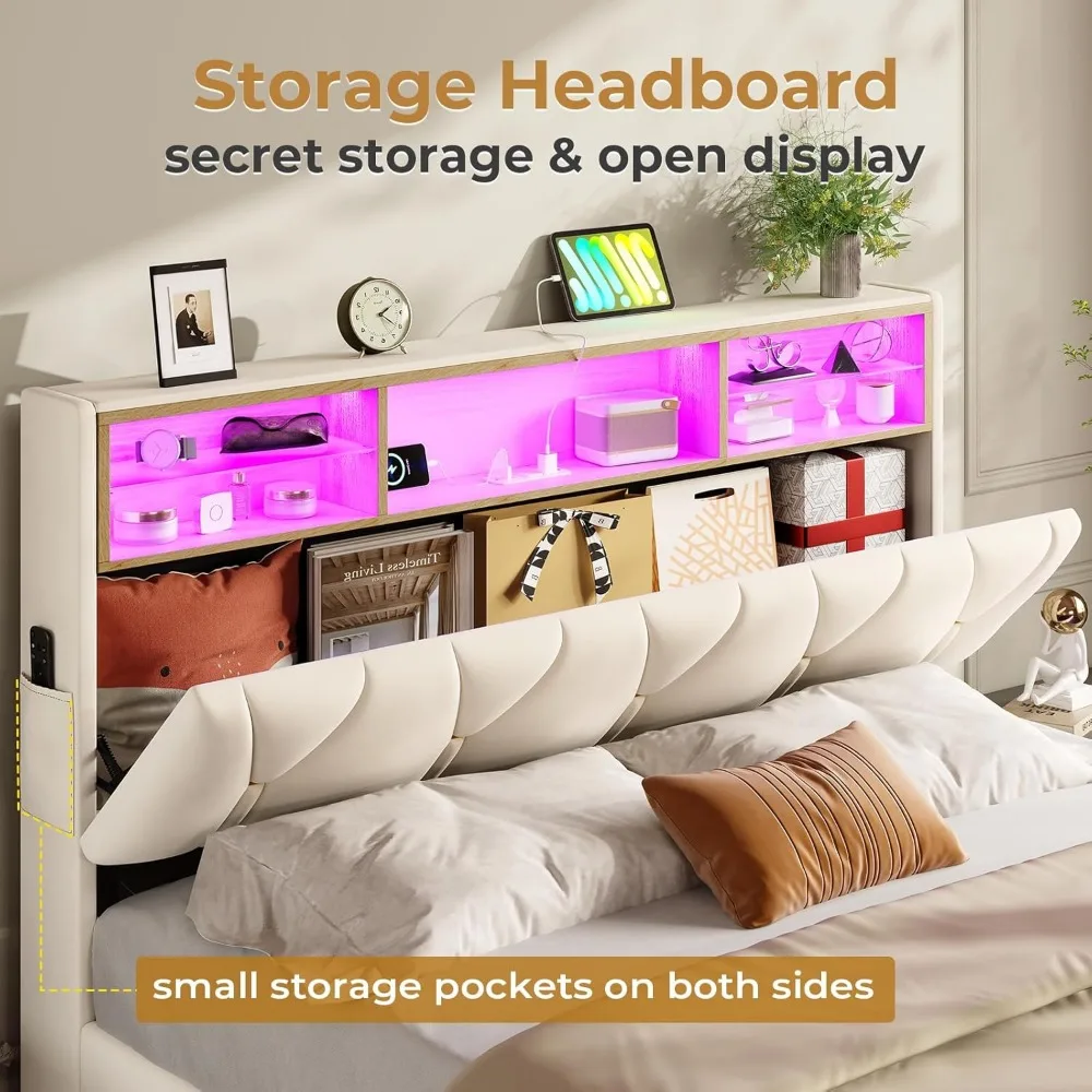 Bed Frame with Led Lights and Storage Headboard, LED Bed Frame with Charging Station, Velvet Upholstered Platform Bed Frame 6