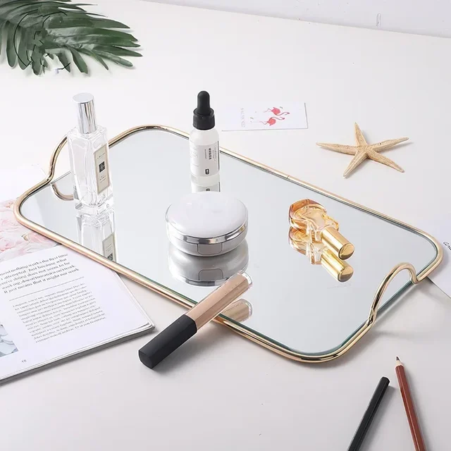 Metal Mirror Storage Tray Rectangle Golden Handle Phnom Penh Binaural Storage  Jewelry Cosmetics Bathroom Home Kitchen Supplies 4