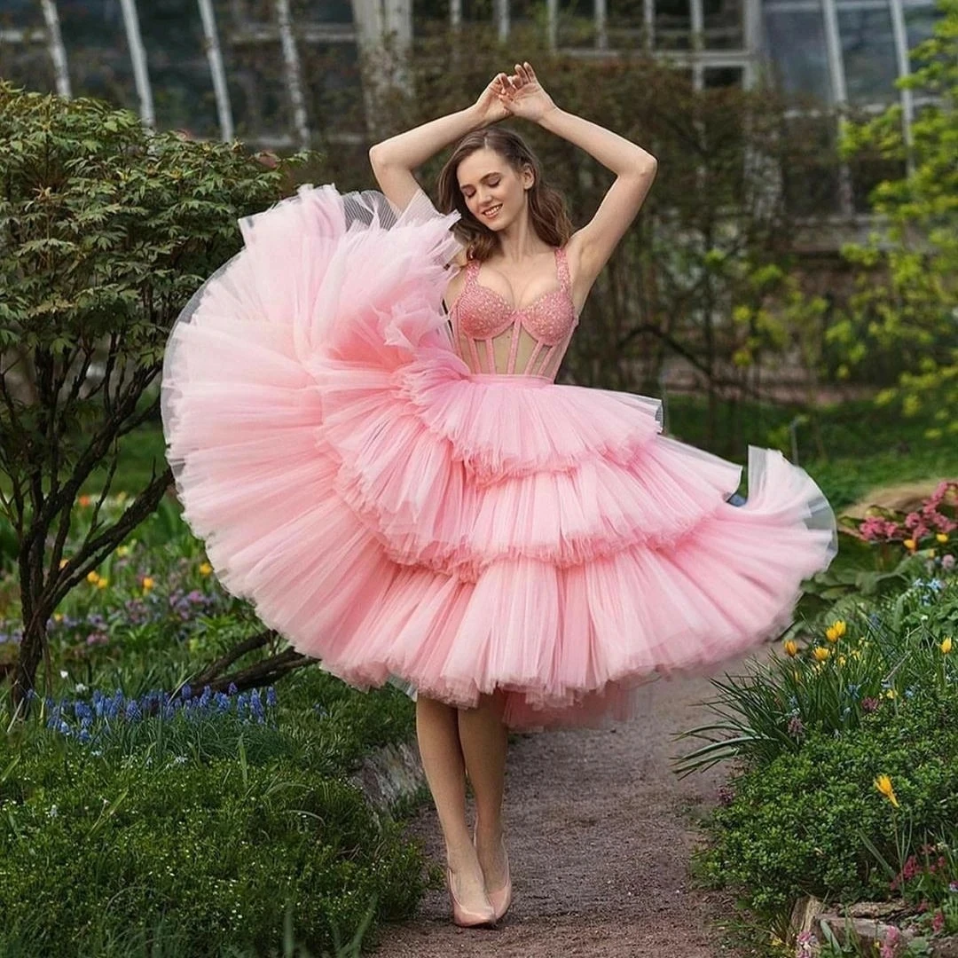 

ANGELSBRIDEP Pink Strap Prom Dresses Vestidos De Festa Sexy Illusion Corset Beading Tiered Formal Evening Birthday Party Gowns
