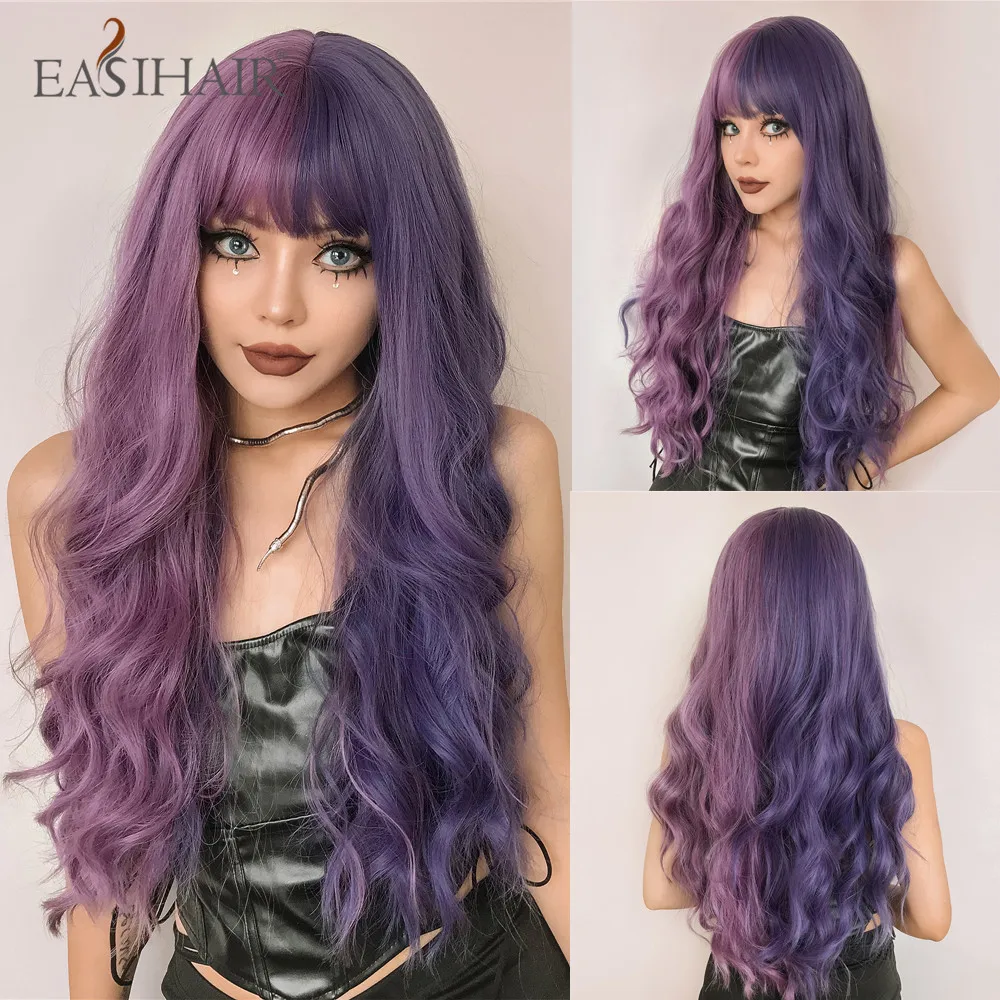 EASIHAIR Parrucche sintetiche lunghe e ondulate viola con frangia per donne Parrucca colorata per feste di cosplay di Halloween Fibra resistente al calore_voghion.com