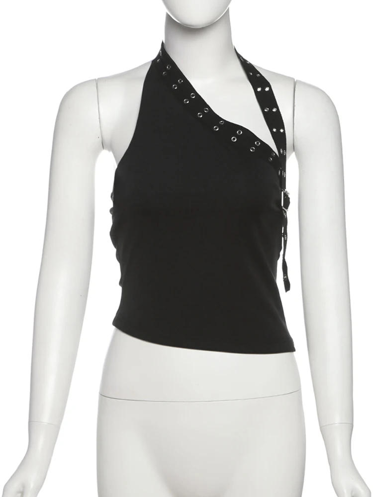 Nibber Sexy Hollow 3-Piece Set Women Hollow Biased Collar Backless Vests+Rivet Waistband+Simple Solid Shorts Slim Midnight Suits