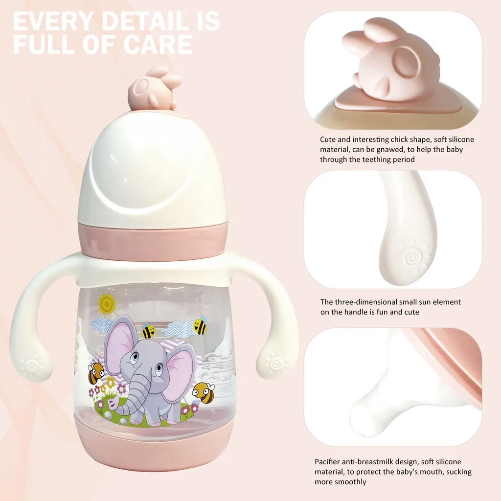240ml Cartoon Chicken Baby Bottle with Dual Handles and Scale Line, Includes Cute Dust-proof Cover