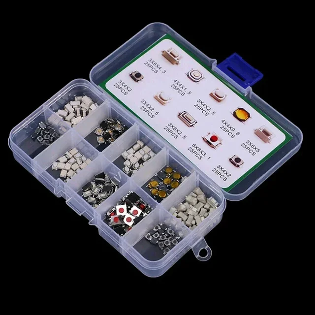 250PCS Micro Tactile Push Button Switch Car Remote Control Button Switch Momentary Key Touch Switch Assortment Set With Box