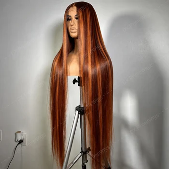Parrucche Frontali in Pizzo 13x6 e 13x4 con Capelli Umani al 100%, Liscio Naturale, Colore Ombre 4/350 con Riflessi Arancioni e Marroni, Colore Zenzero