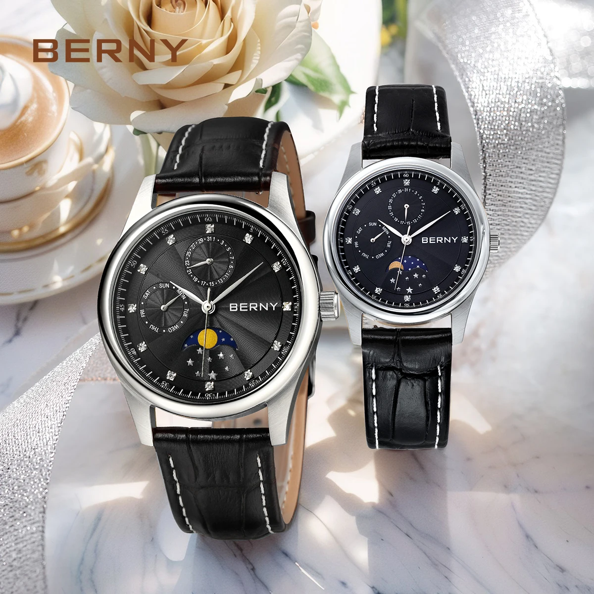 BERNY Quartz Couple Watch Sapphire 34/38mm Dial Diamond Moon phase Calendar Wristwatch Day-Date Dial Blued-steel hand Wristwatch