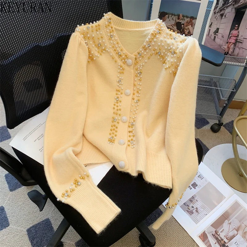 

Peals Beading Diamonds Short Sweater Women Korean Fashion Versatile O-Neck Single Breasted Knitted Cardigan Female Knitwear Tops