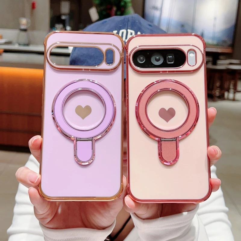 Enhanced Love Heart Bracket Phone Case with Plating Finish and Magsafe Compatibility