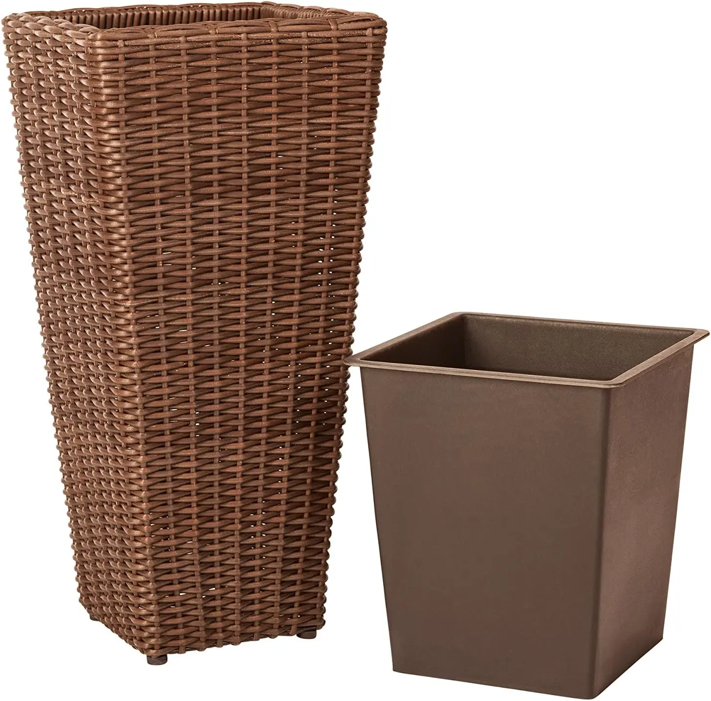 Wicker All-Weather Planter Set with Liners Tall Plant Decor Box for Outdoors Patio Herb Garden Furnishings - Mocha - Pack of 2
