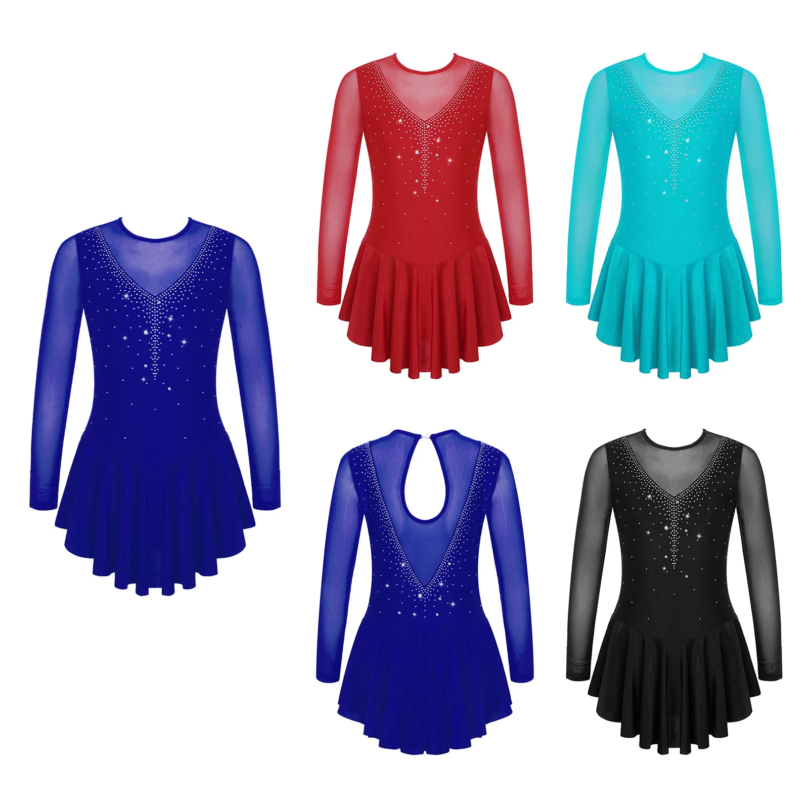 Girls Dance Costumes Rhinestone Figure Skating See-through Ballet Leotards Mesh Patchwork Hollow Out Performance