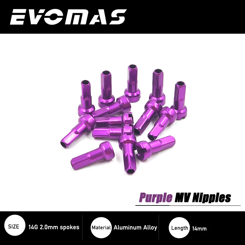 보라색 자전거 니플 EVOMAS 헤드 라운드 MV 알루미늄 합금 고강도 MTB 로드 바이크 스포크 니플 0.5g 경량 14G 2.0 14mm