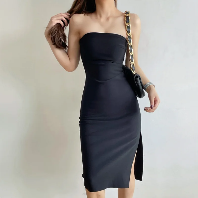 Women’s Solid Strapless Midi Dress With Fold Waist And Side Slit Detail