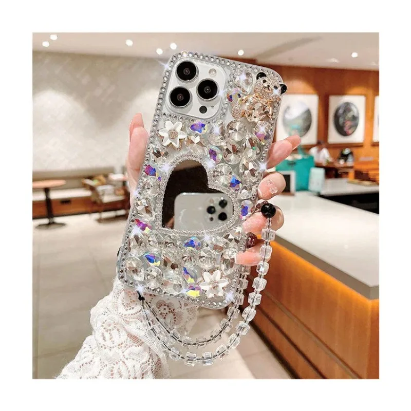 Luxury Women Girls Diamond Makeup Mirror Back Cover for Huawei P50Pro P40 Mate30 for Honor 9X 50 60Pro Shockproof Phone Case