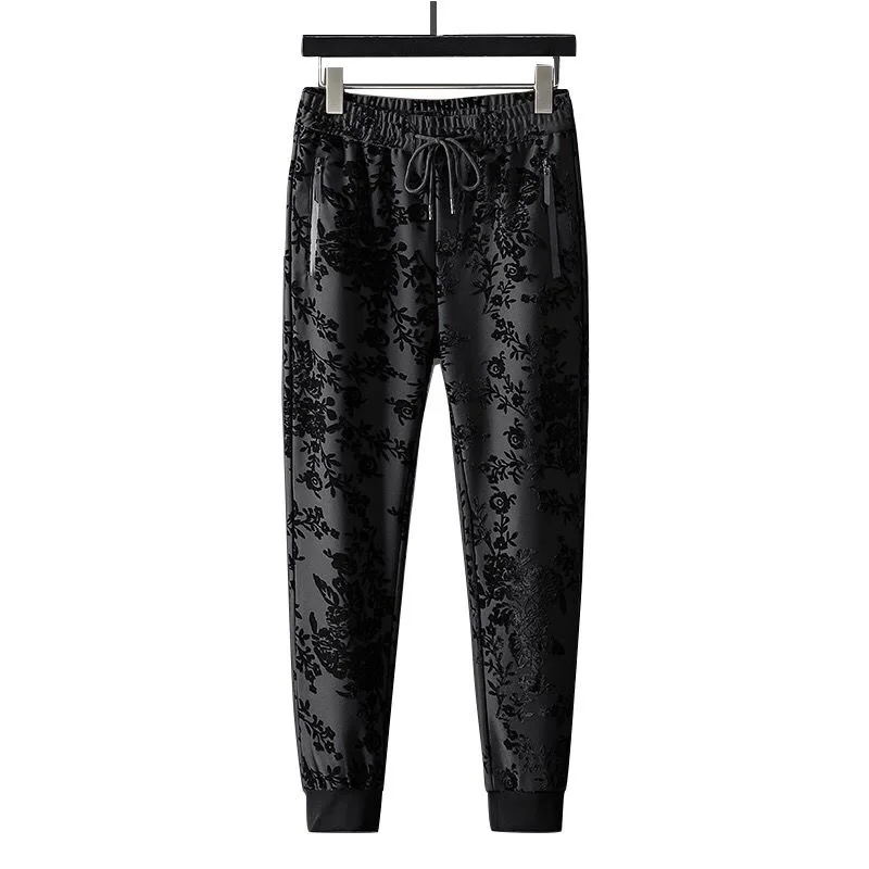 High end flocked jacquard men's casual pants autumn and winter thickened warm loose large size sports pants for men