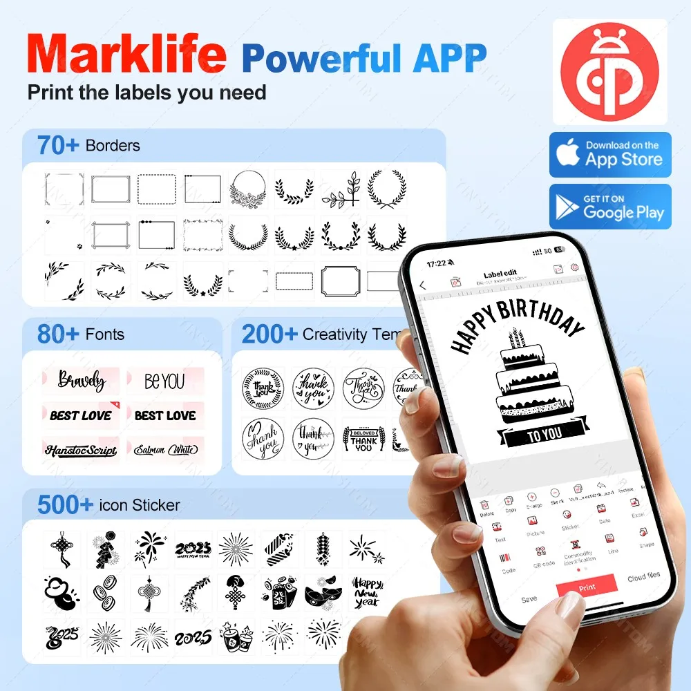 P50 Marklife 20-50mm 열전사 라벨 프린터 Protable Bluetooth 무선 자체 접착 프린터 태그 가격 기계 사무실 학교용