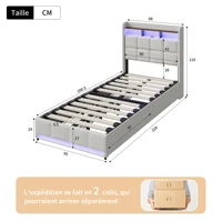 Lit avec bande lumineuse LED 90x200cm, lit double en tissu lin avec tiroirs, 2 ports USB et port de charge Type-C, cadre rembourré (matelas non inclus), gris/beige 6