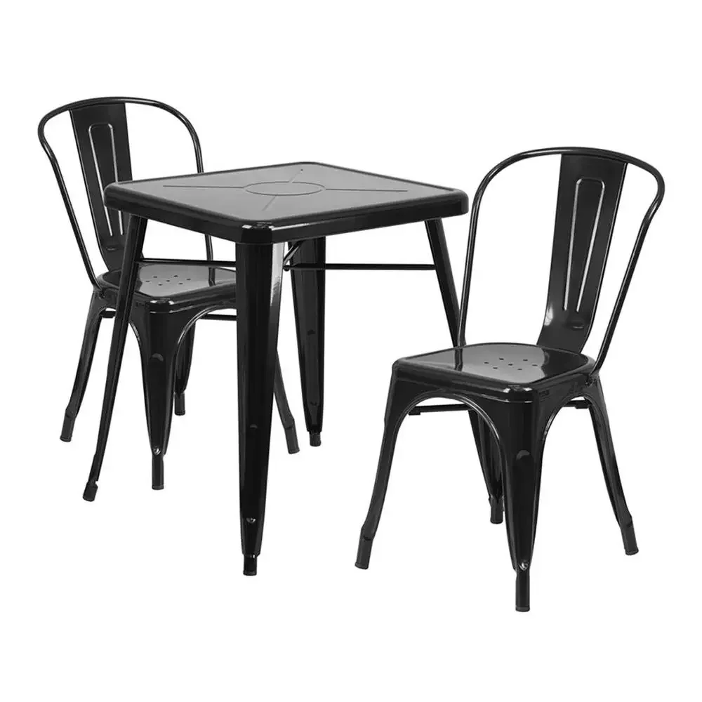 Commercial Grade Square Metal Dining Table Set with Stackable Chairs Indoor Outdoor Use Weather Resistant Heavy Duty Galvanized 2