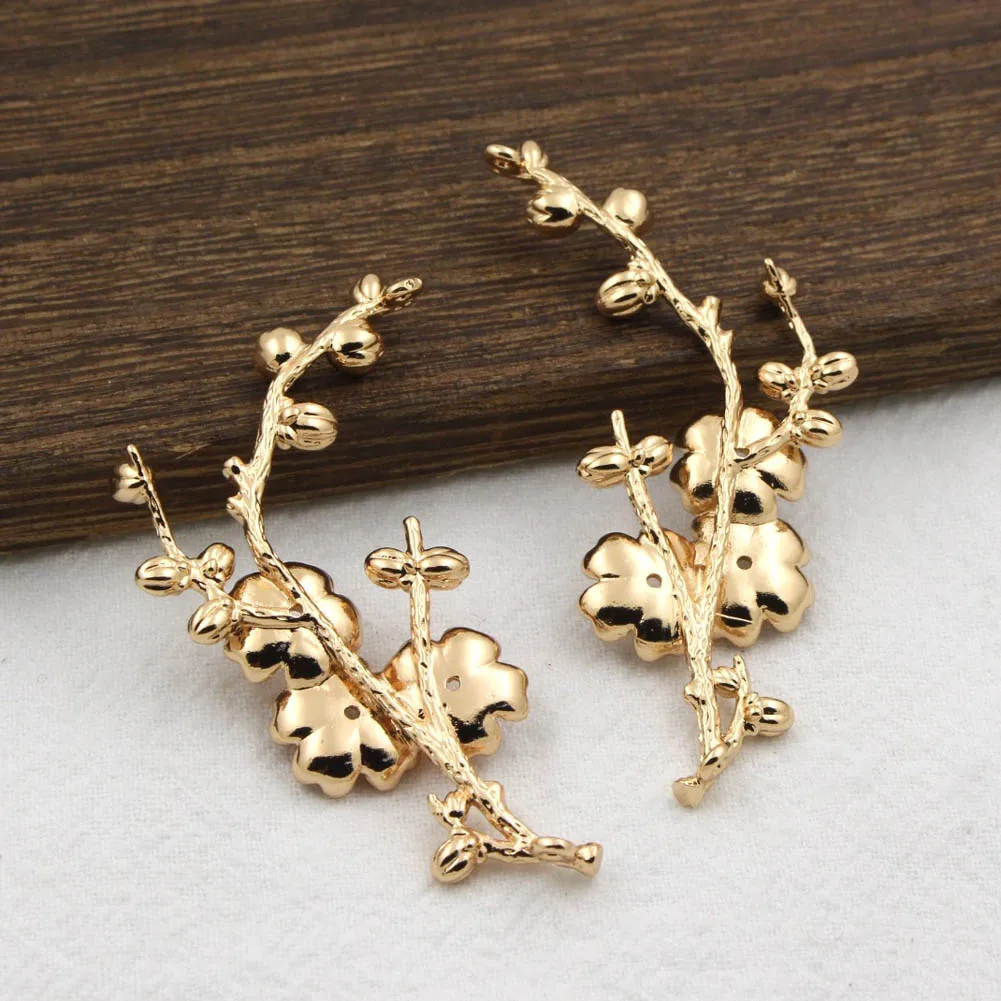 겨울 꽃 가지 펜던트 참, 2 루프 커넥터, 61x25mm, 품질 황동 캐스팅 KC 골드 도금 DIY 헤어 쥬얼리, 6 쌍