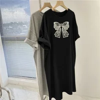 Women's Summer Thin Cotton Milk Silk Dress Lazy Printed Bow Design Medium-length Loose-fit Slimming Dress Black