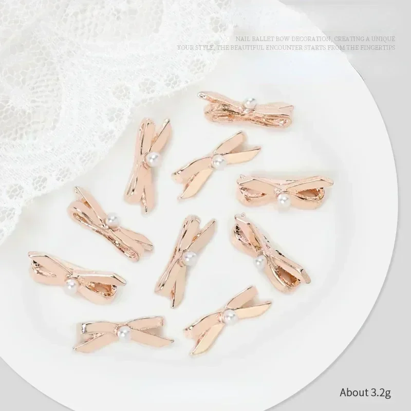 10/20PCS 3D 금속 8mm 발레 신발 핑크 리본 Bowknot 네일 매력 Kawaii 한국어 & 프랑스어 활 손톱 장식 쥬얼리 액세서리