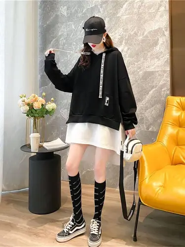 하라주쿠 패치워크 레저 맨투맨 후드티 여성용, 블랙 글자 프린트, 세련된 하이 스트리트 스타일, 얼짱 스타일, 여성 스웨터 5