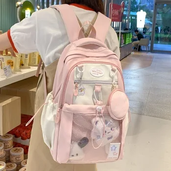 Cute Nylon School Backpack for Girls Teenage Student Women Backpack Multi-Pocket Schoolbag Kawaii Laptop Book Bag Pack Mochila 1