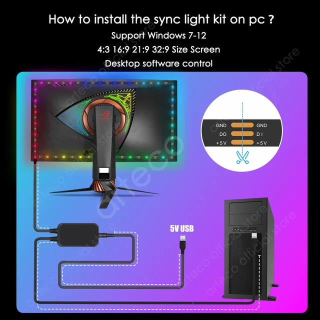 몰입적 PC 게이밍을 위한 스마트 RGB LED 테이프