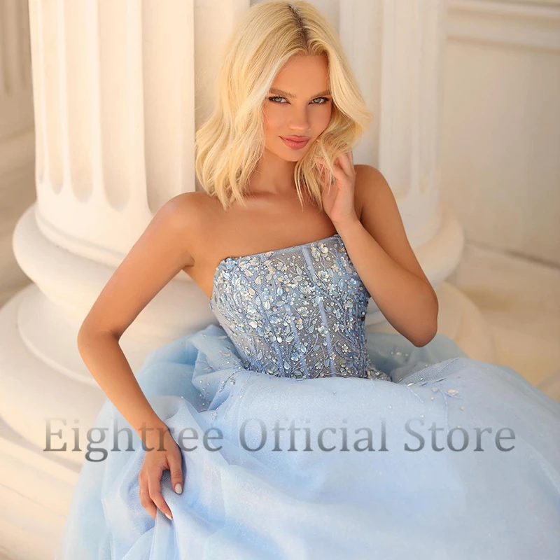 Eightree Elegant A-Line Prom Dresses Strapless Tulle Beadings Evening Dress Saudi Arabia Cocktail Party Ball Gowns Custom Size