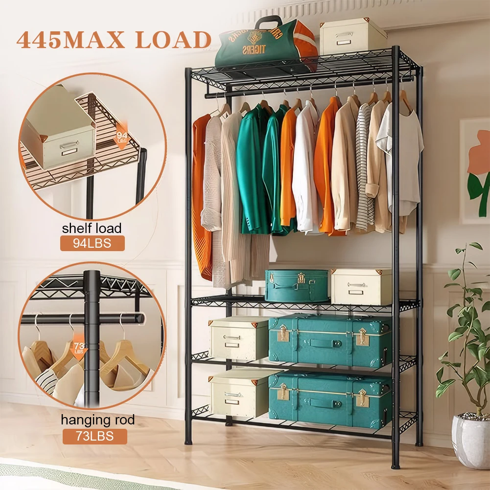Metal Clothing Rack with 4 Large Fabric Drawers Clothes Hanging Rack on The Ground Adjustable Shelves Hanging Rack for Bedroom