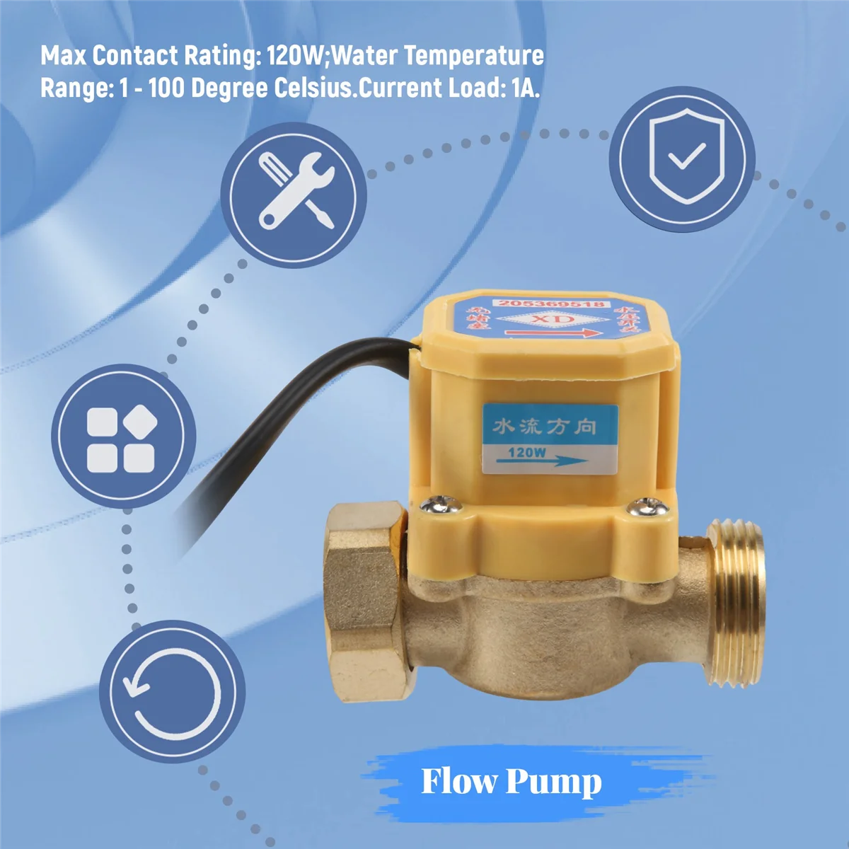 Pump Water Flow Sensor Switch 26mm 3/4" PT Thread Connector 120W