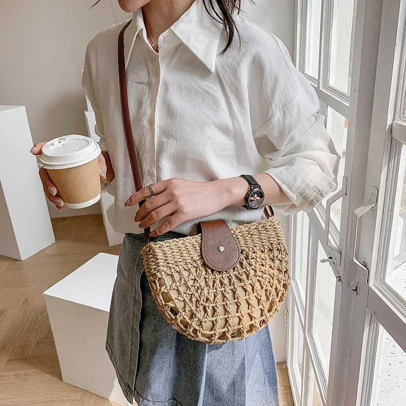 Fashion Straw Shoulder Messenger Bags Women's Hollow Designer Luxury Woven Bucket Bag Summer Beach Crossbody Bag Female Handbag