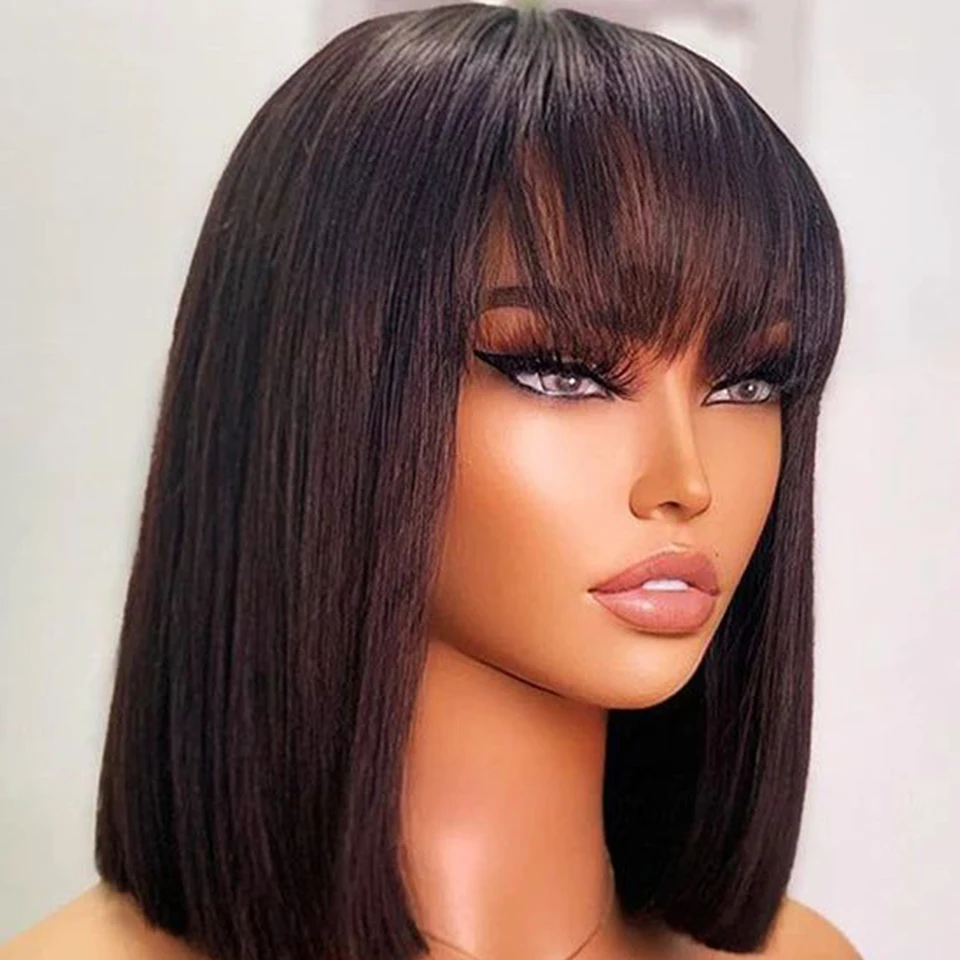 

Debut Brazilian Straight Bob Human Hair Wigs With Bangs Short Human Hair Bob Wigs For Woman Full Machine Made Human Hair Wigs