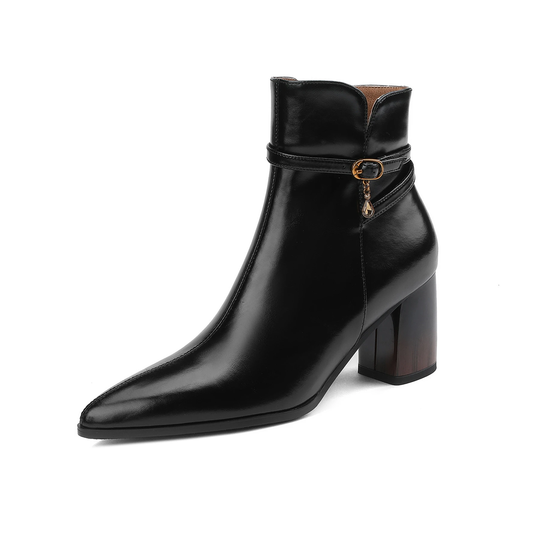 

Mstyle Genuine Leather Chunky Heel Pendant Decor Women's Ankle Boots Side Zip Up Pointed Toe Buckle Handmade Ladies Modern Boot