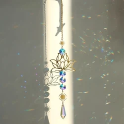 Elegant Metal Lotus and Crystal Suncatcher Charm - Handmade Wind Chime Pendant for Home and Garden Decor (A)
