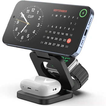 Chargeur sans fil rapide magnétique pliable 3 en 1, pour iPhone 16/15/14/13/12 Apple Watch10/9/8/7/6/5/4/3/SE Airpods3/2/Pro