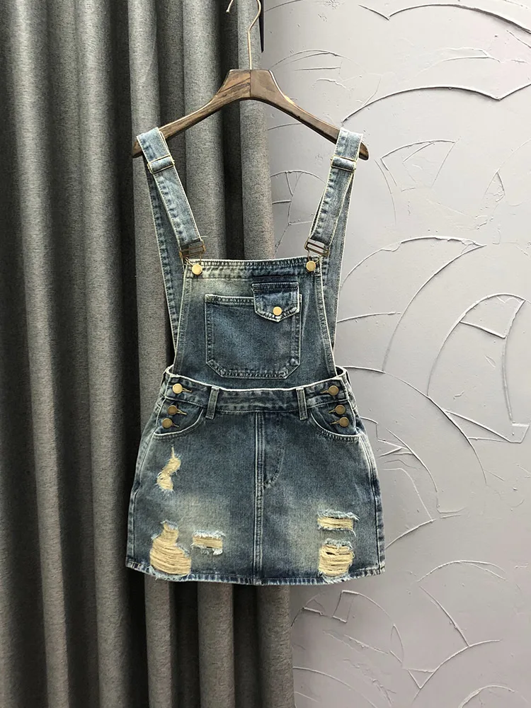 

European Goods Ripped Denim Suspender Skirt Women Summer Fashion Detachable Retro Worn One-Piece Skirt