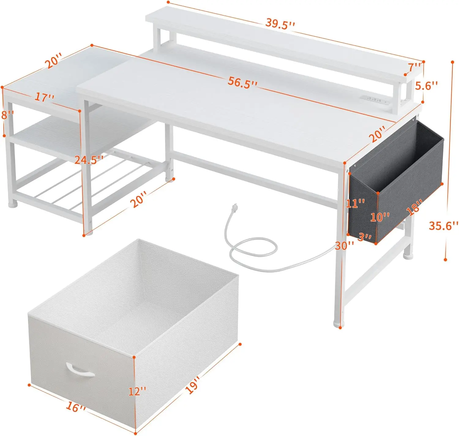 56.5" Computer Desk with File Drawers Cabinet,Study Writing Gaming Desk with Power Outlets,Home Office Desk White 2