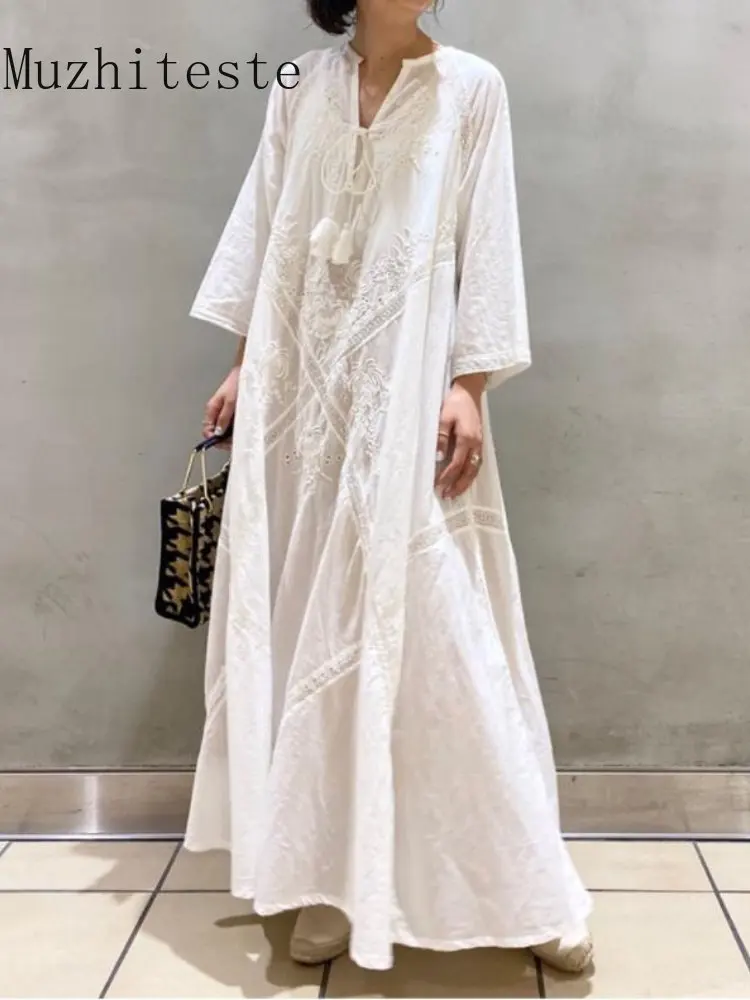 

Summer New In Women's Dress 2023 Loose Embroidered White Lace V-Neck Long Beach Dress Elegant Dress Holiday Women's White Dress