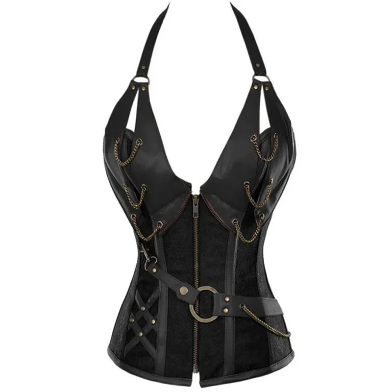 

Steampunk Corset Tops Women 14 Steel Boned Leather Corsets with Belt Halter Shapewear Overbust Gothic