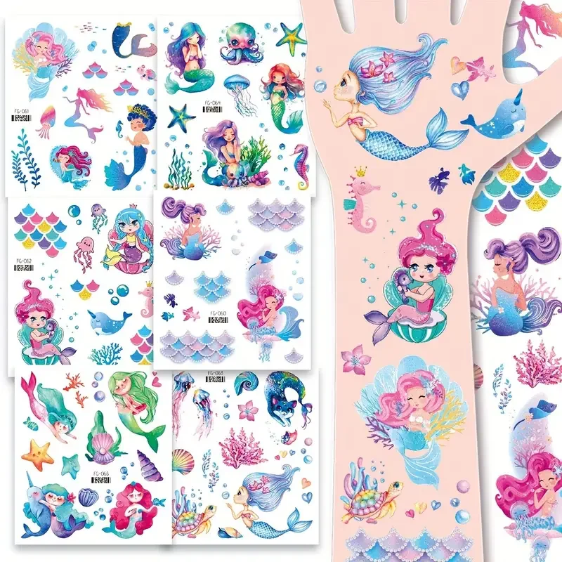 Glitter Unicorn Mermaid Temporary Tattoo Stickers For Kids Cartoon Rainbow Horse Mermaid Tattoos Cute Waterproof Body Art Tattoo view 3